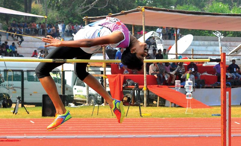  Jishna M. clears 1.70-m mark in the junior girls' high jump setting a national record.