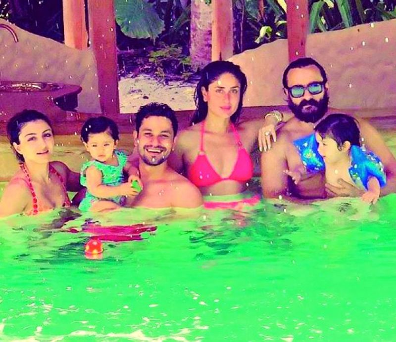 Kareena Kapoor, Saif Ali Khan and son Taimur with Soha Ali Khan, Kunal Kemmu and daughter Inaaya during Maldives vacation.