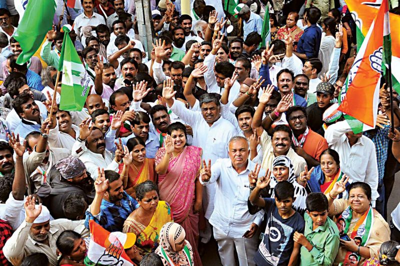 Congress candidate B.K. Hariprasad campaigns with MLAs Ramalinga Reddy and Sowmya Reddy