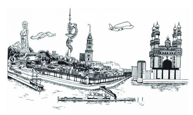 The double spread artwork showcasing the Charminar and Elbphilharmonie in Germany