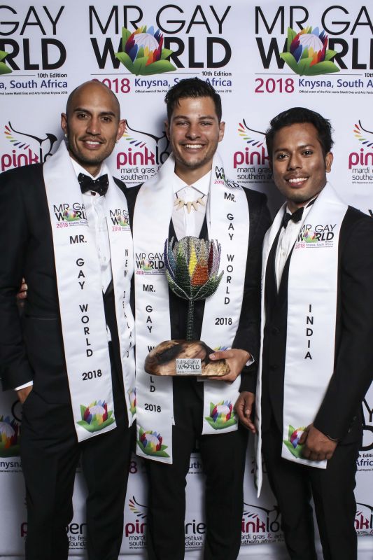 From left to right, First runner up Ricky Devine-White from New Zealand; Jordan Bruno, Mr Gay World 2018 and Samarpan Maiti, Second runner up