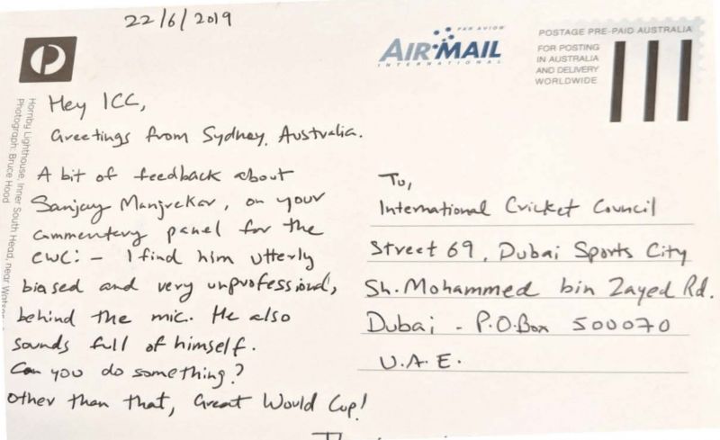 Aditya Kumar's postcard to ICC addressing his concerns about the matter.
