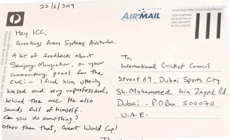 Aditya Kumarâ€™s postcard to ICC addressing his concerns about the matter.