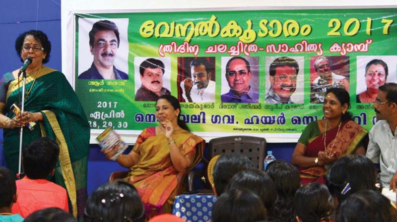 Actor Mallika Sukumaran speaks to students during the Venal Koodaram camp at Government Higher Secondary School, Neduveli the other day.