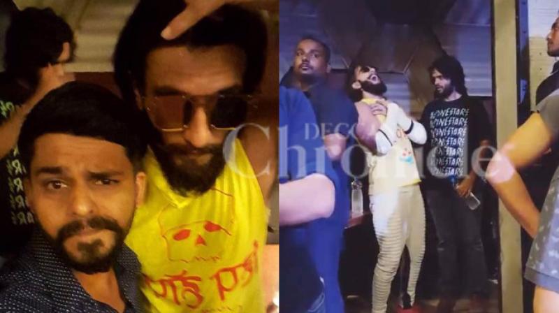 Ranveer Singh with a fan (L), the actor seen in a jovial mood right outside the bar (R).