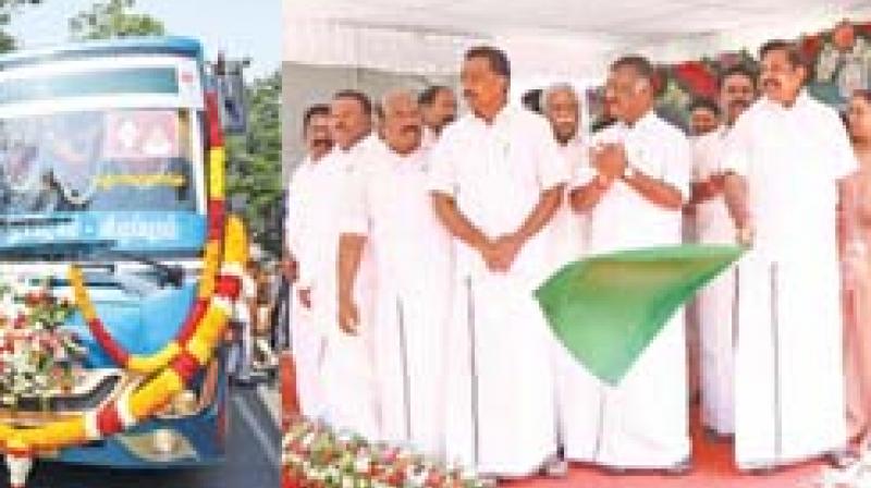 Chief Minister Edappadi K. Palaniswami on Tuesday flags off 500 new buses from the secretariat in the presence of transport minister M.R. Vijayabhaskar. (Image DC)