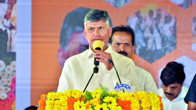 Chief Minister N. Chandrababu Naidu speaks at Janmabhoomi programme in Darsi on Tuesday. (Photo: DC)