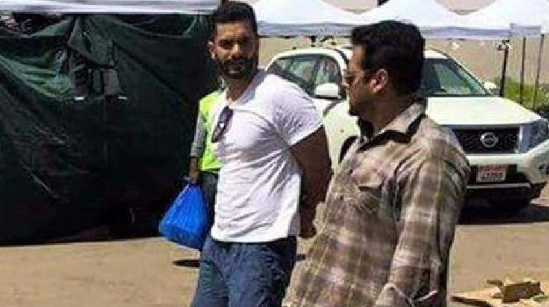 Salman Khan with Angad Bedi on the sets of the film. (Photo: