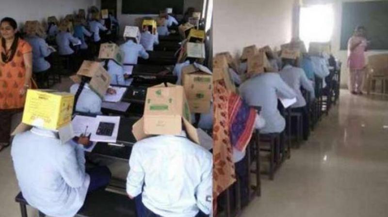 To curb copying, Karnataka students made to write exams wearing cartons