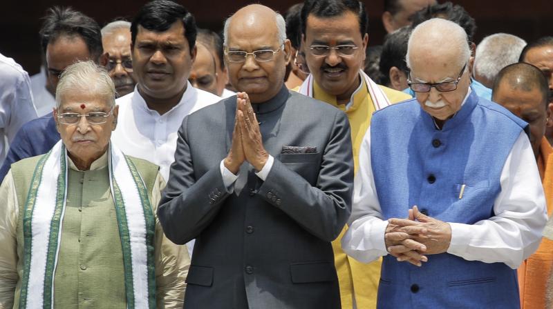NDAs Presidential candidate Ram Nath Kovind with BJP leaders M M Joshi, L K Advani (Photo: AP)