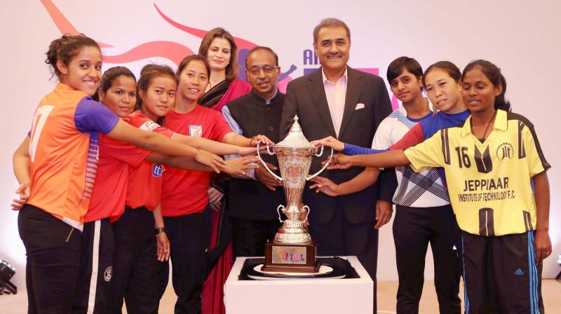 The captains of the six teams of the Indian Womens League with Praful Patel and Vijay Goel. (Photo: PTI)