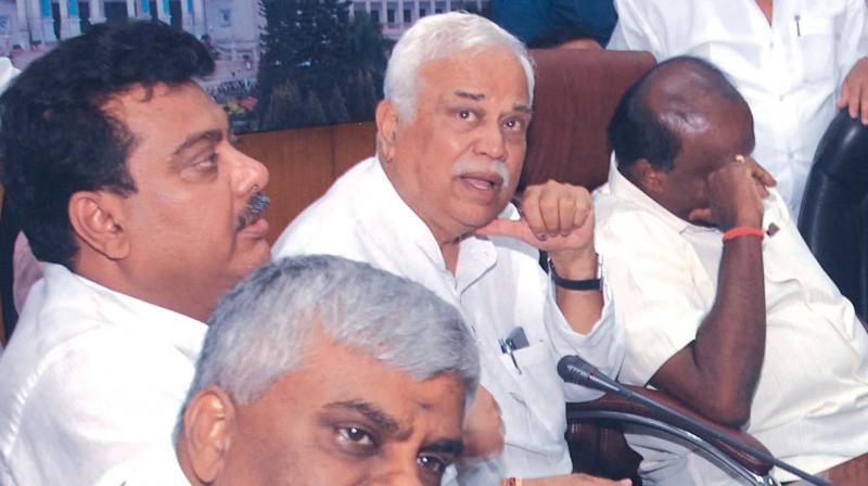 Chief Minister H.D. Kumaraswamy and ministers H.D. Revanna, M.B. Patil and R.V. Deshpande at  a press meet in Bengaluru on Friday