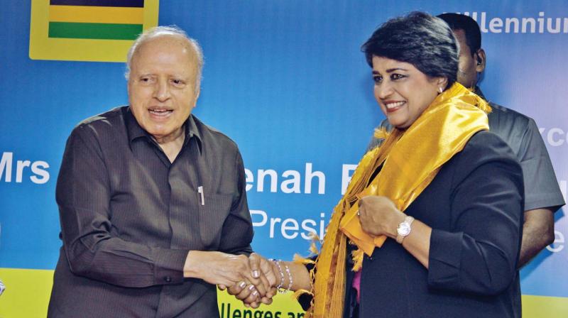 Mauritius President, Bibi Ameenah Firdaus Gurib-Fakim greets Professor M. S. Swaminathan on Friday. She delivered the millennium lecture on climate change at the M.S. Swaminathan Research Foundation. (Photo: DC)