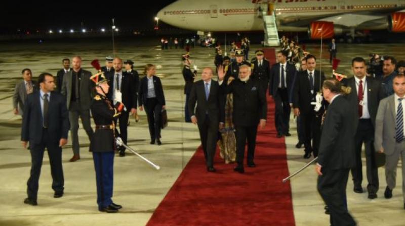 Prime Minister Narendra Modi was welcomed by the French Interior Minister, Gerard Collomb.(Photo: Twitter/PMO India)