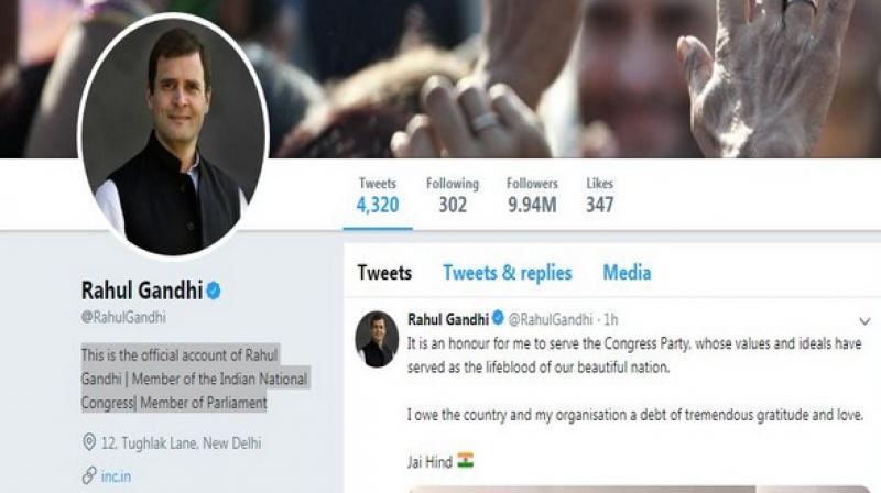 Rahul Gandhi changes his Twitter bio from \President to Member of INC\