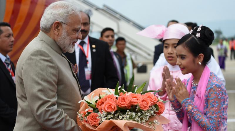 Prime Minister Narendra Modi being welcomed on his arrival at Nay Pyi Taw International Airport, Myanmar, on Tuesday. (Photo: PIB)