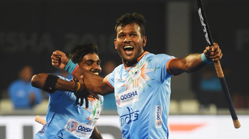 Indian team cemented their spot in the quarter-final round of the ongoing Mens Hockey World Cup after defeating Canada 5-1 in their last Pool C match here at the Kalinga Stadium on Saturday. (Photo: AFP)
