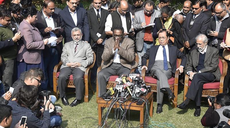 New Delhi: Supreme Court judge Jasti Chelameswar along with other judges addresses a press conference in New Delhi on Friday. (Photo: PTI)