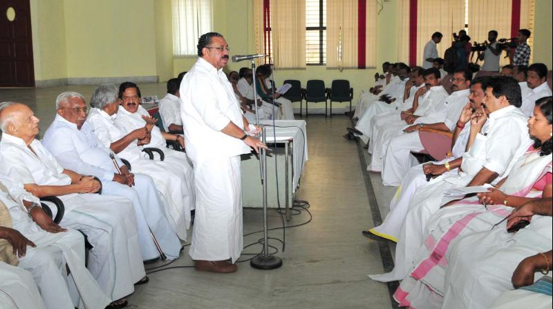 KPCC president M.M. Hassan  addressing the KPCC office-bearers meeting in Thiruvananthapuram on Wednesday. 	(Photo: A.V. MUZAFAR)