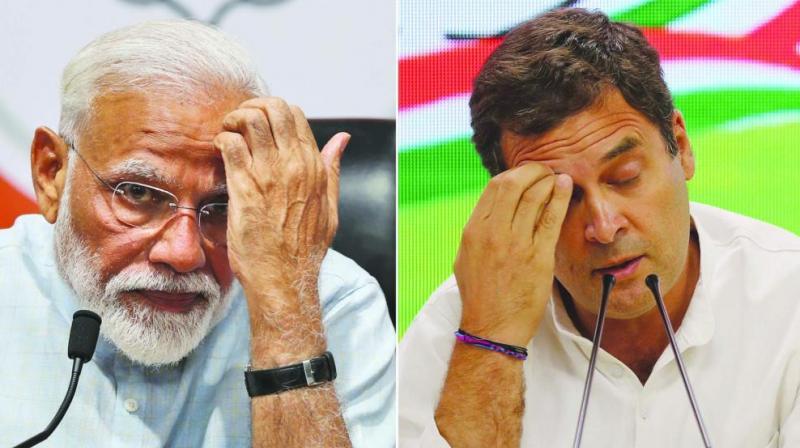 Prime Minister Narendra Modi and Rahul Gandhi during press conferences in their respective party headquarters. (Photo: AP)