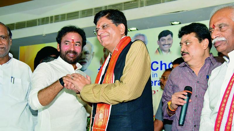 Union Minister Piyush Goyal along with BJP candidate G. Kishan Reddy on Saturday. (Photo: S. Surender Reddy)
