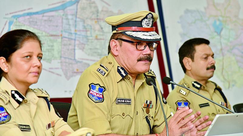 Hyderabad police commissioner Anjani Kumar along with additional commissioners Shikha Goel and D.S. Chauhan brief the media in Hyderabad on Thursday. (Photo: S. Surender Reddy)
