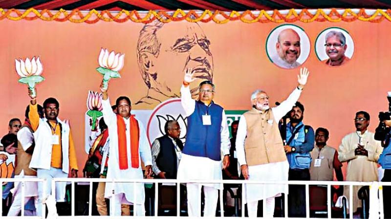 Prime Minister Narendra Modi at an election rally at Jagdalpur, in Bastar district, Friday where he addressed his first election rally in Chhattisgarh. The first phase polling for the Assembly elections is on November 12.  (PTI)