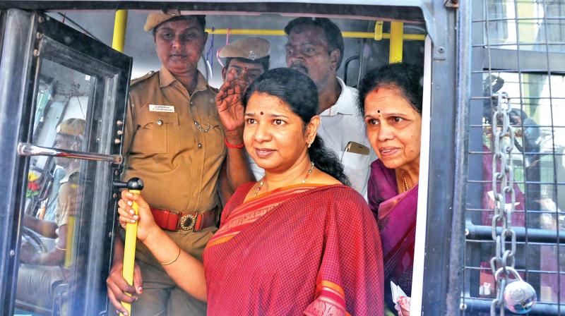 DMK Rajya Sabha, MP Kanimozhi, was arrested by city police after leading protests demanding sufficient supply of essential commodities in PDS outlets at Royapettah on Monday. (Photo: DC)