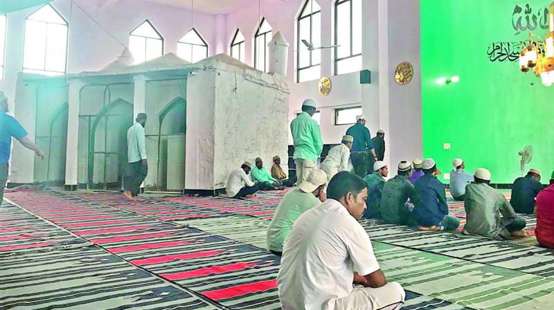 The original mosque is seen in the background inside the renovated Masjid-e-Alamgir, Idgah Guttala in Begumpet.