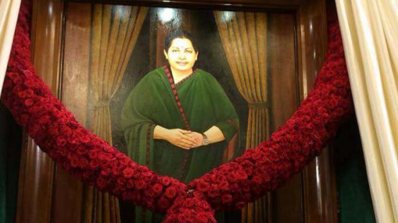 A portrait of late chief minister J. Jayalalithaa in the Assembly hall unveiled by Tamil Nadu Assembly Speaker P. Dhanapal on Monday. (Photo: DC)