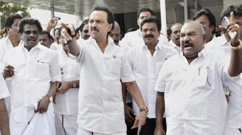 DMK Working President MK Stalin along with MLAs protesting trust vote. (Photo: File)