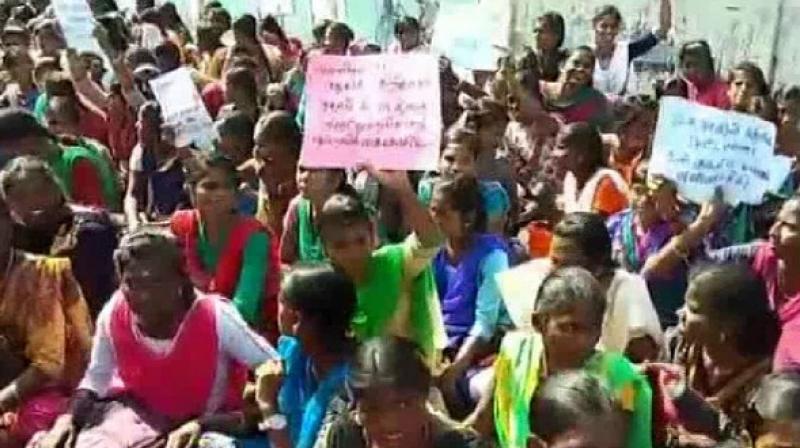 Hundreds of students of Pudukkottai Government Women Arts College staged a sit-in protest over the Pollachi sex scandal. (Photo: ANI)