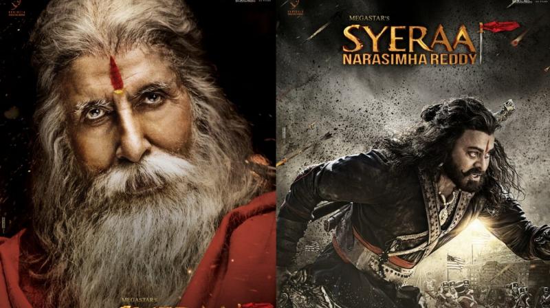 Amitabh Bachchan and Chiranjeevi in the posters of Sye Raa Narasimha Reddy.
