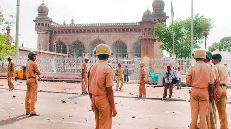 A file photo of the security personnel near Mecca Masjid after the blast.