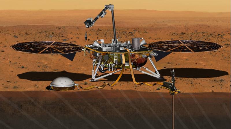 This artists concept from August 2015 depicts NASAs InSight Mars lander fully deployed for studying the deep interior of Mars. The mission will launch during the period March 4 to March 30, 2016, and land on Mars Sept. 28, 2016. (Photo: NASA)