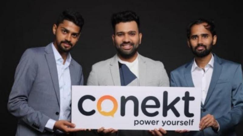 Rohit Sharma unveiling Conekt brand along with COO Pradeep and CMO Aashish.