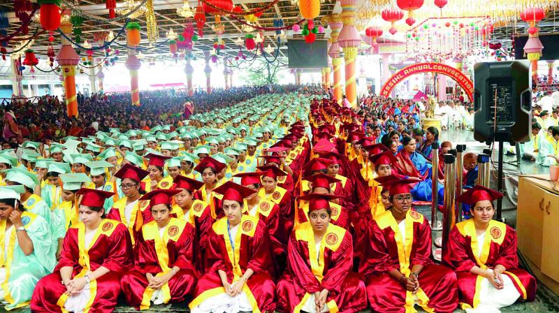 Students participate in the 36th annual convocation of Sri Sathya Sai Institute of Higher Learning held at Sai Kulwanth Hall in Prasanthi Nilayam on Wednesday.