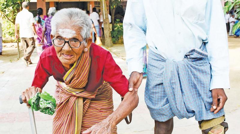 An elderly woman is seen coming out of the polling booth after casting her vote for Thiruparankundram bypoll at Madurai on Sunday.  (K.Manikandan)