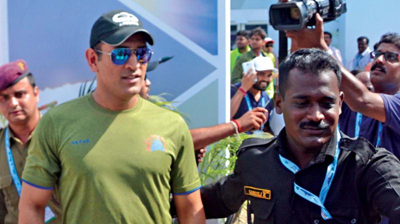 Former Indian cricket team captain M.S. Dhoni visits the  DefExpo 2018 at Thiruvidanthai near Chennai on Wednesday. (Photo: DC)