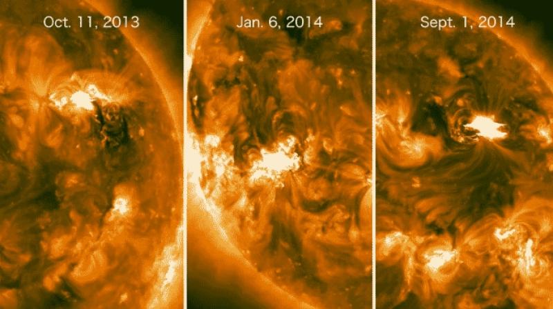 These solar flares were imaged in extreme ultraviolet light by NASAs STEREO satellites, which at the time were viewing the side of the sun facing away from Earth. All three events launched fast coronal mass ejections (CMEs). Although NASAs Fermi Gamma-ray Space Telescope couldnt see the eruptions directly, it detected high-energy gamma rays from all of them. Scientists think particles accelerated by the CMEs rained onto the Earth-facing side of the sun and produced the gamma rays. The central image was returned by the STEREO A spacecraft, all others are from STEREO B. (Photo: NASA)