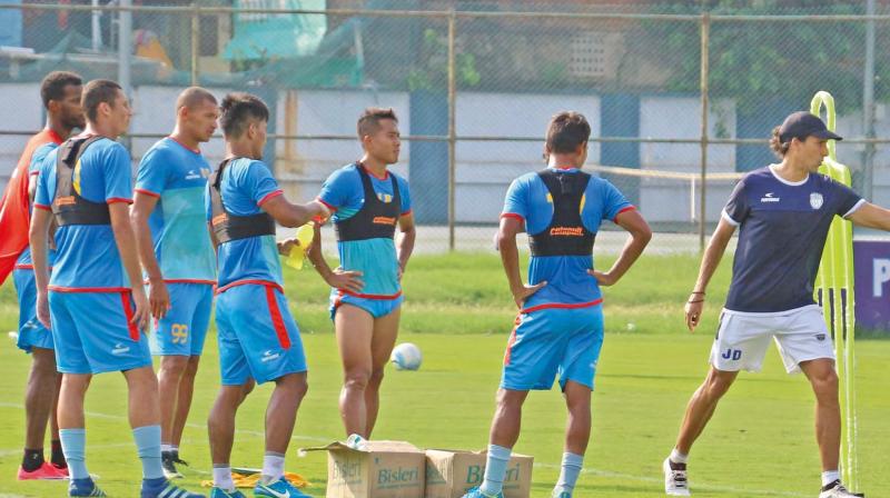 NorthEast United coach Joao de Deus (right) at a practice session in Chennai.