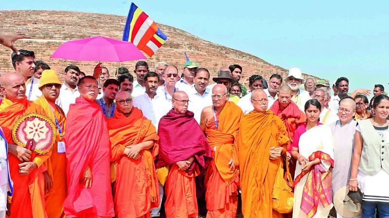 Buddist monks from 41 countries visit  the Maha Stupa, built 1,700 years ago, at Nelakondapalli on Sunday.