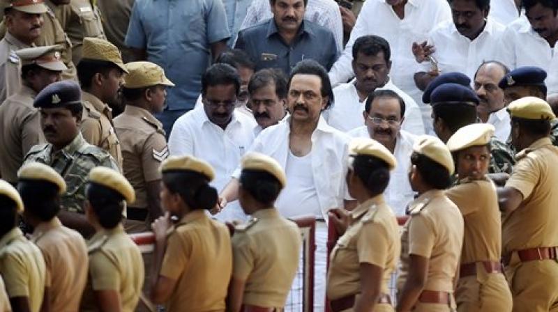 Stalin sat on a protest at the Marina along with his MLAs. However, police detained the protesting MLAs including Stalin. (Photo: PTI)