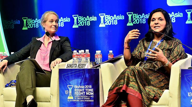 Apollo Hospitals Jt. MD Sangita Reddy and GE Healthcare President & CEO, Sustainable Healthcare Solutions, Terri Bresenham in a panel discussion of Disruption in Healthcare and Life Sciences during the 15th edition of BioAsia at HICC on Friday. 	 DC