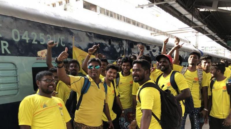 About 1200 fans travelled in 18 coaches to Pune to watch the match. The train carrying supporters of Chennai Super Kings IPL team reached Pune railway station at 11.40 in the morning on Friday. (Photo: Twitter)