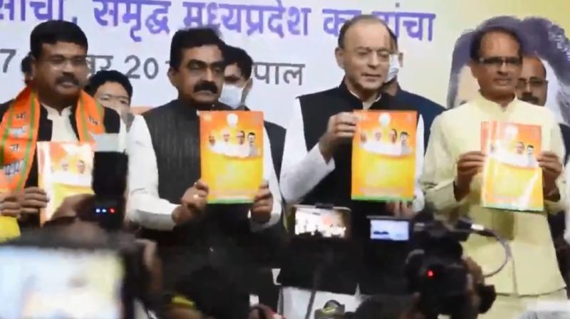 The manifesto, called as Drishti Patra or vision document, was released by Finance Minister Arun Jaitley at the state BJP headquarters in Bhopal. (Twitter screengrab | @BJP4MP)