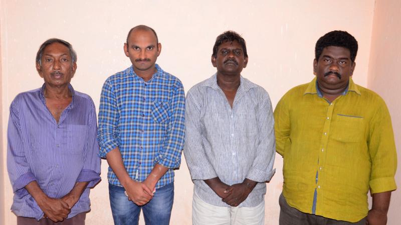 Four accused in the kidney racket -- K. Babu Rao, E. Nagamalleswara Rao, A. Yedukondalu, N. Prasad Babu, presented before mediapersons in Guntur.