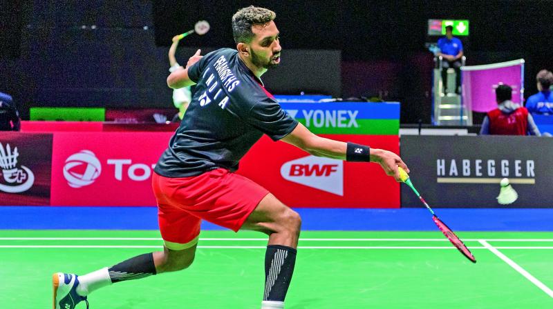 H.S. Prannoy en route to his 21-11, 13-21, 21-7 win over Chinas Lin Dan in their Badminton World Championships second round match in the St. Jakobshalle in Basel, Switzerland, on Tuesday. (Photo: AP)