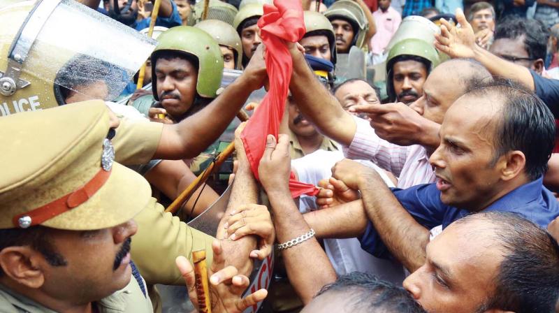 MLA Eldho Abraham in forefront of the agitation during a march to IG office by the CPI in Kochi on Tuesday  - (Photo: DC)
