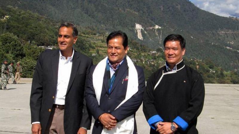 Assam Chief Minister Sarbananda Sonowal (centre) with Arunachal Pradesh CM Pema Khandu (right) and US Ambassador to India Richard Verma (left) at Tawang in Arunachal Pradesh. (Photo: PTI)